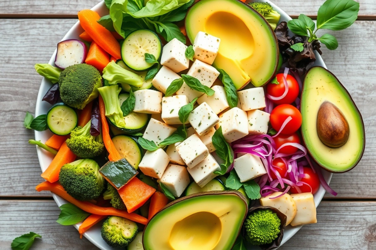 Vibrant low carb vegan meal with colorful vegetables and tofu.