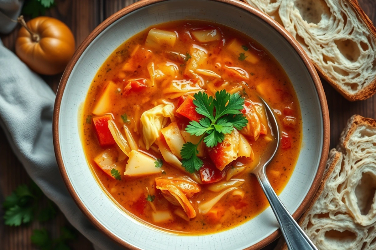 egan cabbage soup served with bread and garnished with parsley.
