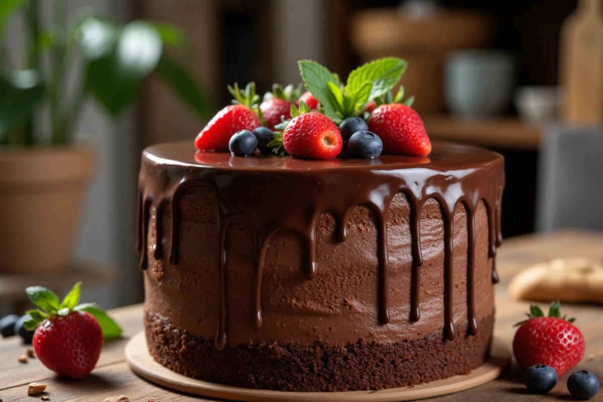 Delicious vegan chocolate cake with chocolate ganache and fresh berries