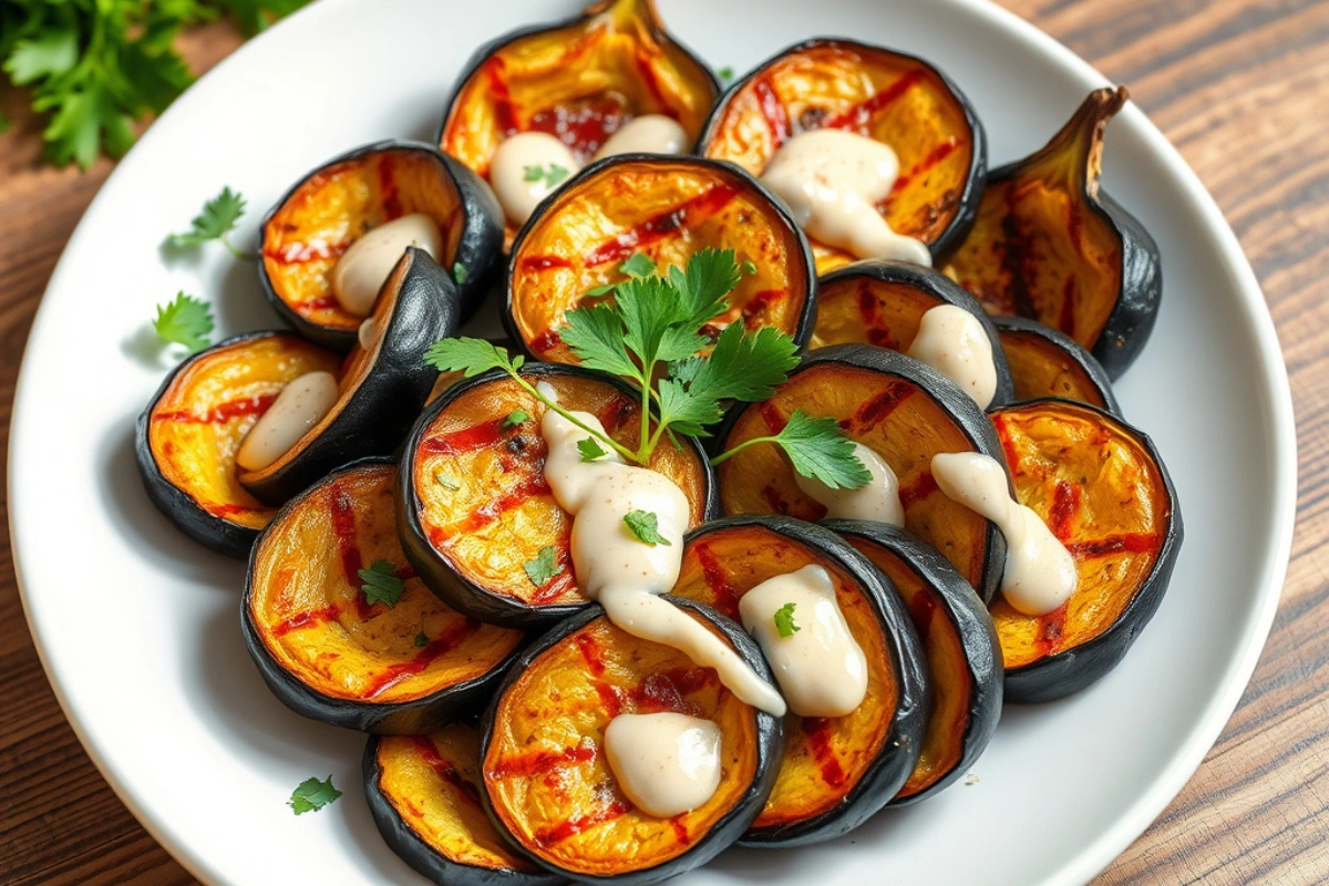 Delicious vegan eggplant dish garnished with tahini sauce and fresh parsley.