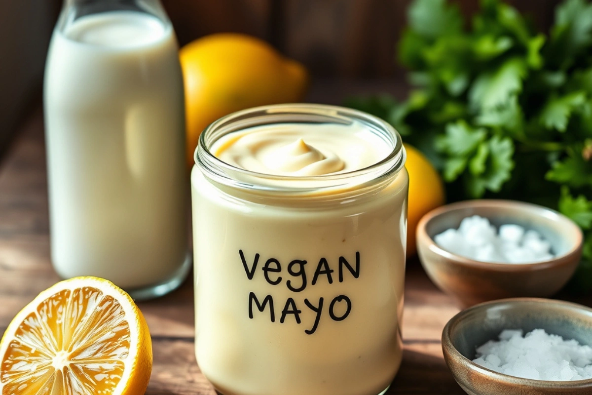 A jar of creamy vegan mayo with fresh ingredients on a wooden table.