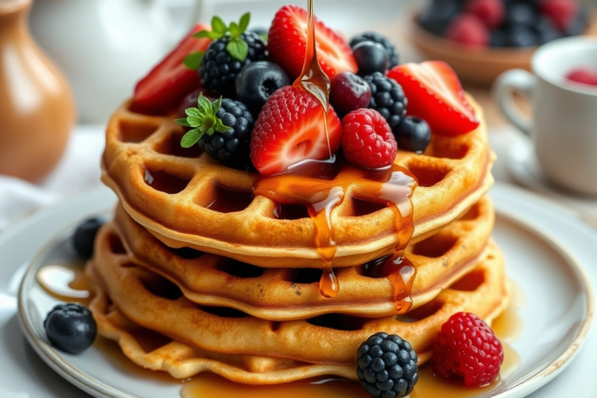 Stack of vegan waffles topped with berries and maple syrup.