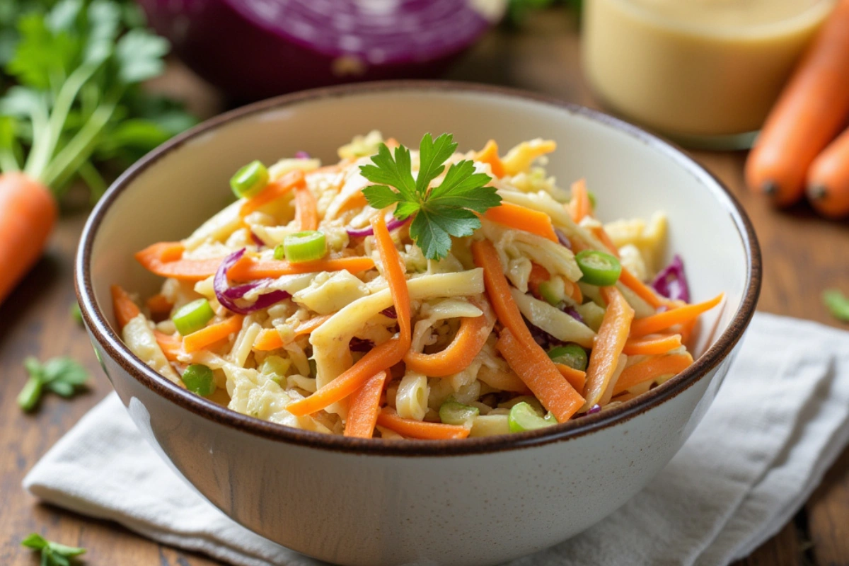 Vegan coleslaw in a white bowl with fresh vegetables and creamy dressing.