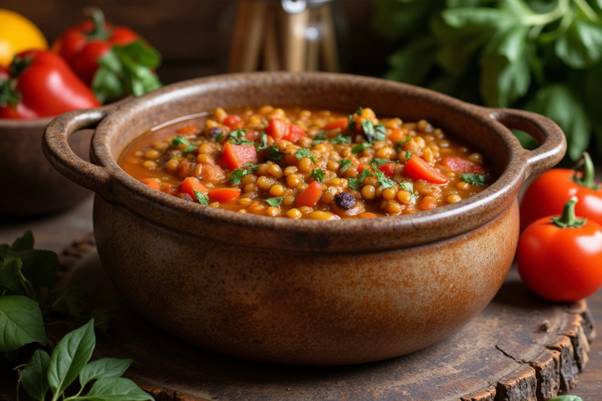 Crockpot filled with vegan stew featuring eggplants, tomatoes, and fresh herbs.