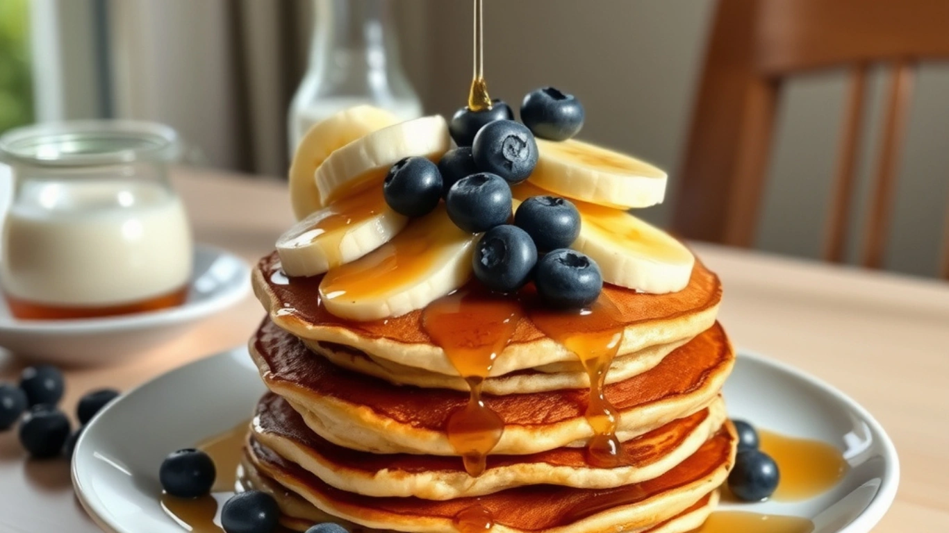 Stack of fluffy healthy vegan pancakes with fresh blueberries and bananas
