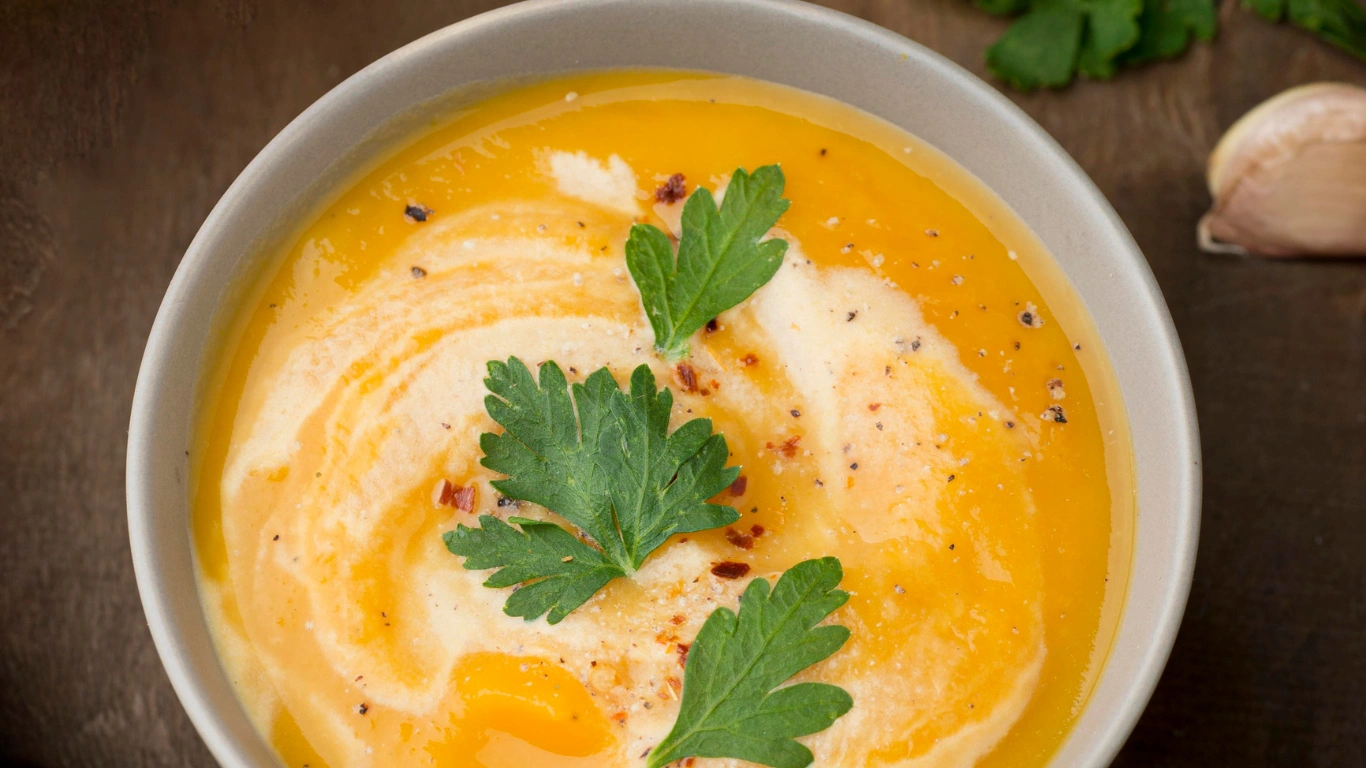 Close-up of a creamy orange vegan soup garnished with fresh parsley leaves in a bowl, perfect for a hearty and nutritious meal.
