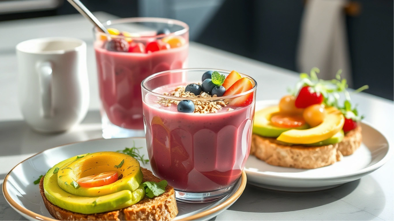Vibrant vegan breakfast spread with smoothie bowl and avocado toast.