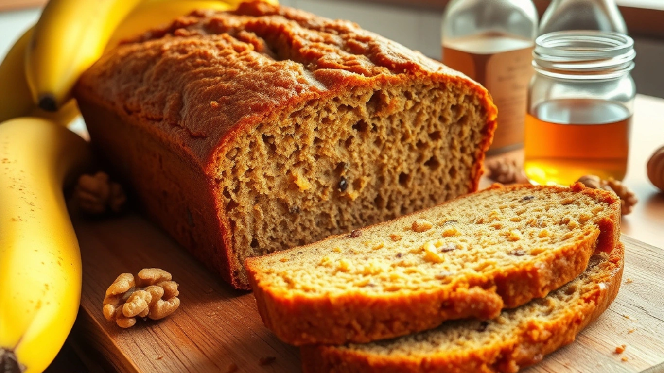 Golden vegan banana bread on a wooden cutting board with walnuts and bananas.
