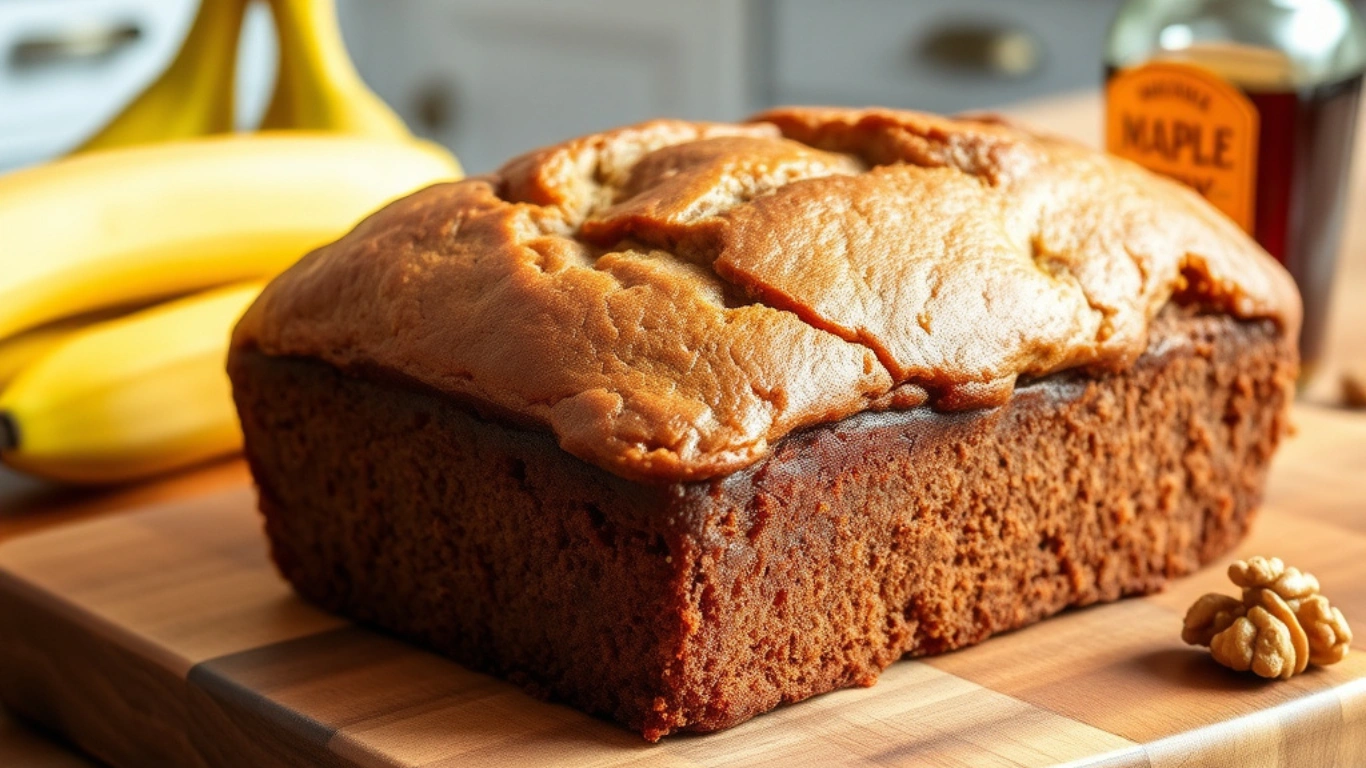 Healthy vegan banana bread loaf on a wooden cutting board with ripe bananas and walnuts.