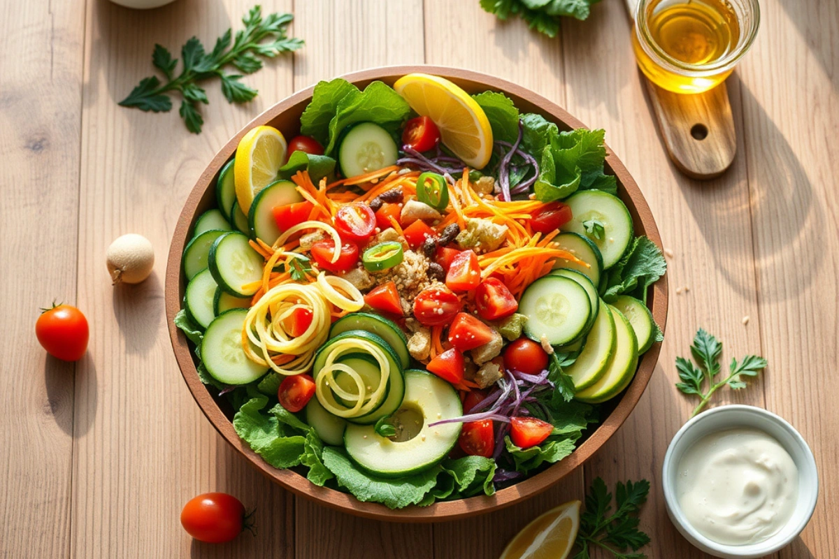 Flat lay of a colorful raw vegan recipe with fresh vegetables, avocado slices, and cashew dressing in a wooden bowl.