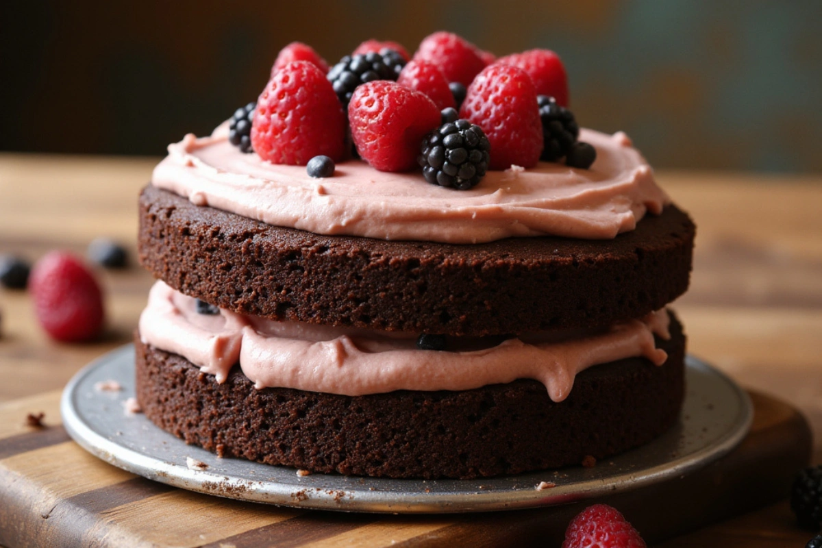 Vegan chocolate cake with fresh berries and dairy-free frosting