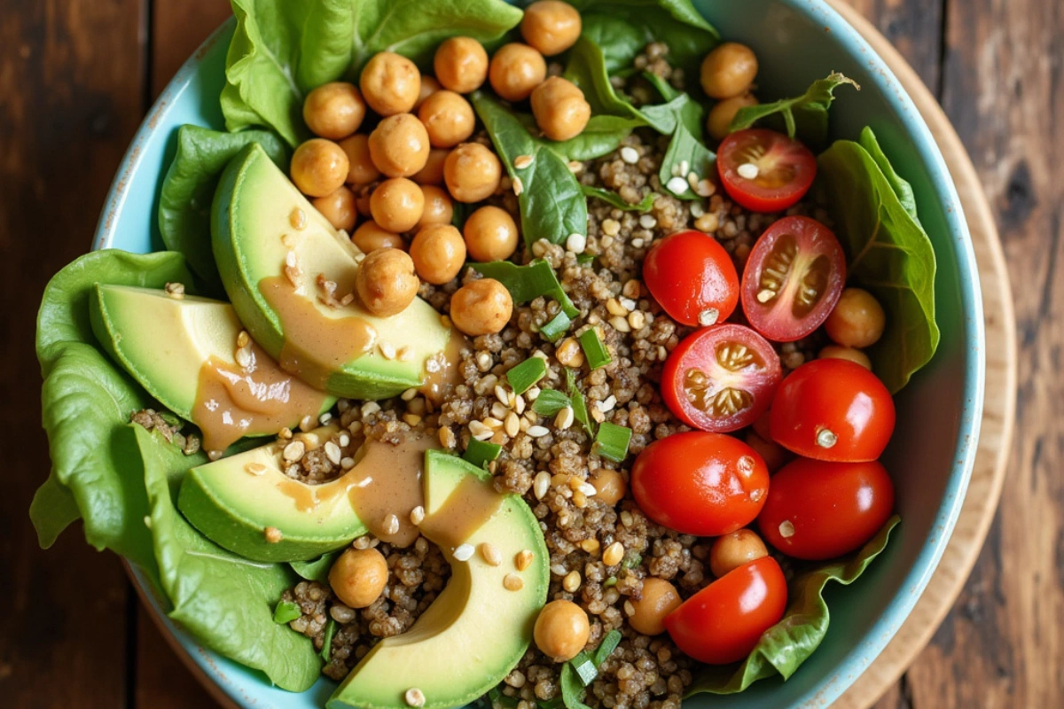 Colorful vegan and gluten-free bowl with quinoa and fresh vegetables