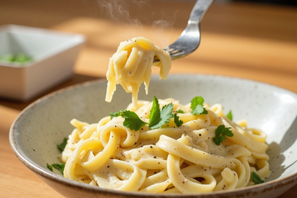 Creamy Vegan Roasted Cauliflower Alfredo pasta served in a white bowl.