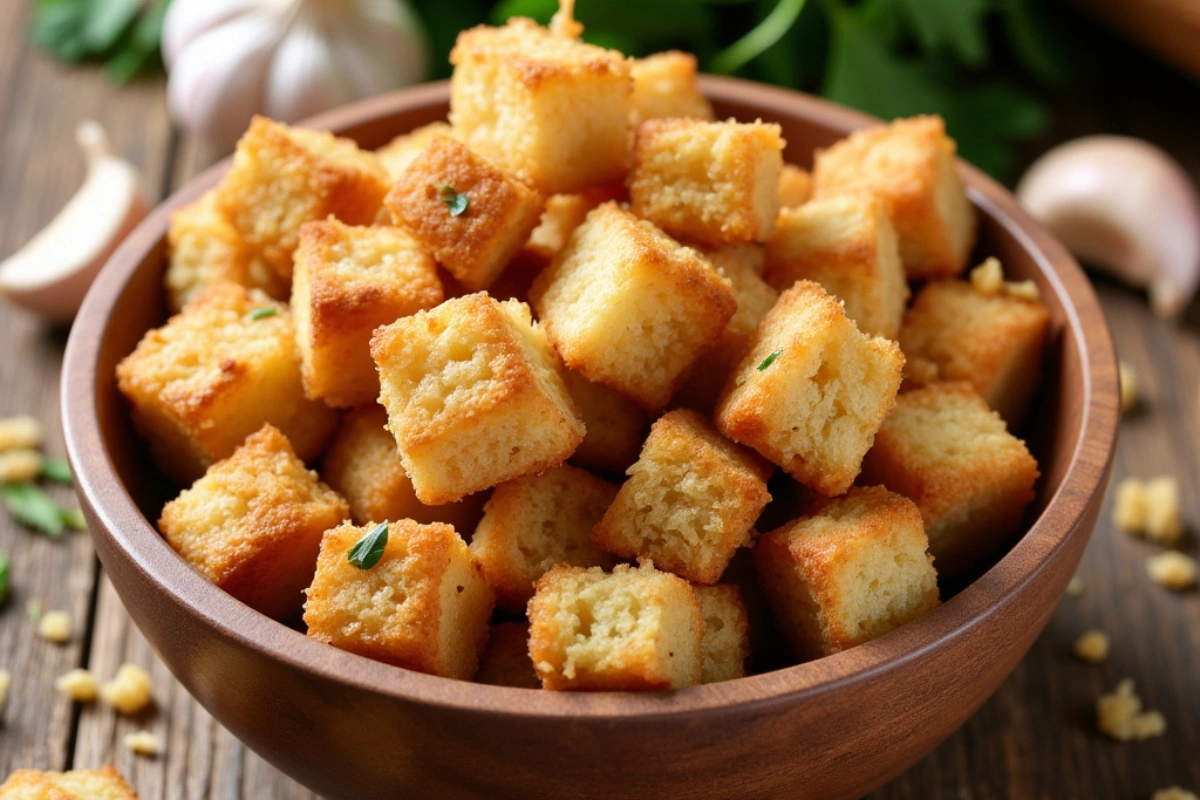 Rustic bowl of crispy vegan croutons with fresh parsley and garlic.