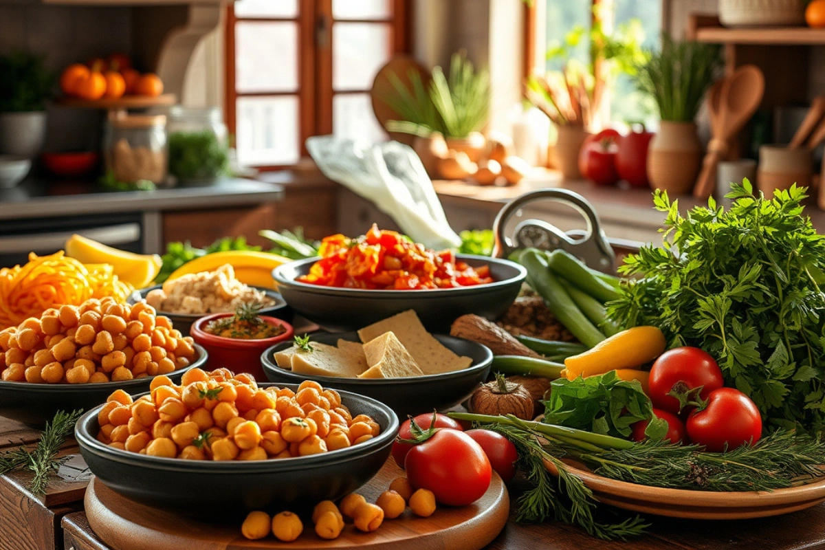 Mediterranean meat substitutes on a rustic kitchen table.