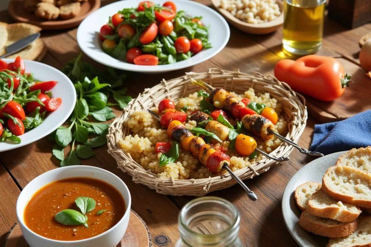 Mediterranean vegetarian dishes on a rustic table.