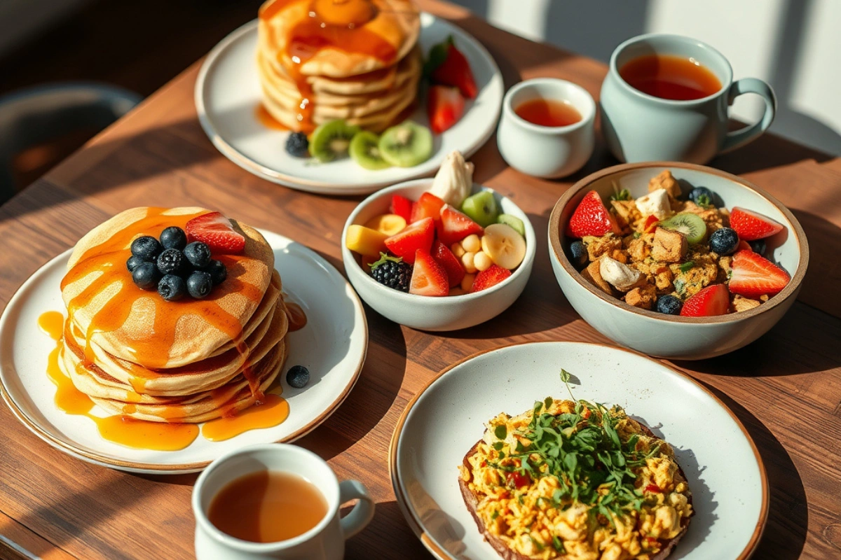 Vegan brunch spread with pancakes, fruit, tofu scramble, and avocado toast.