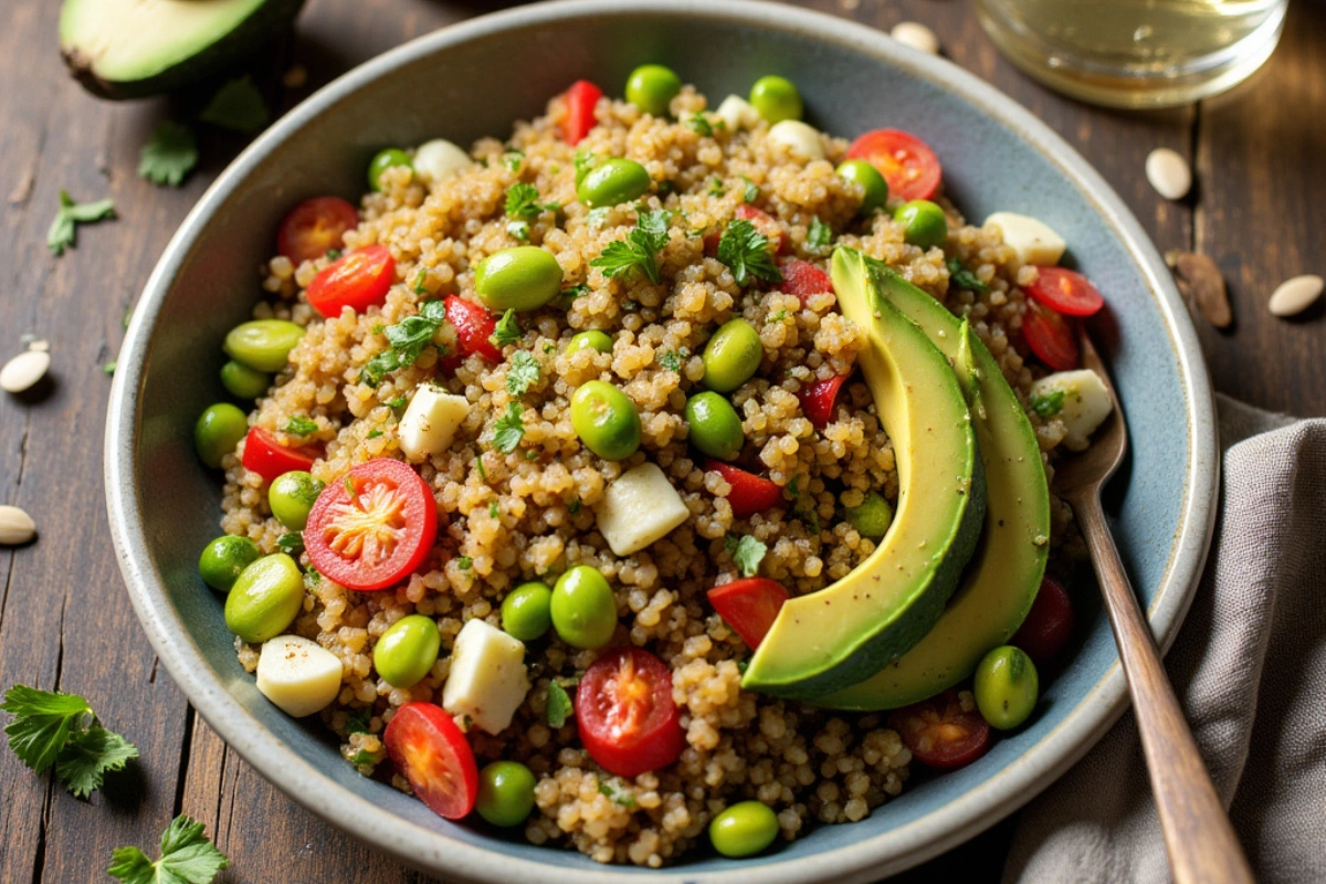 Vegan and gluten-free quinoa salad with fresh vegetables and avocado.