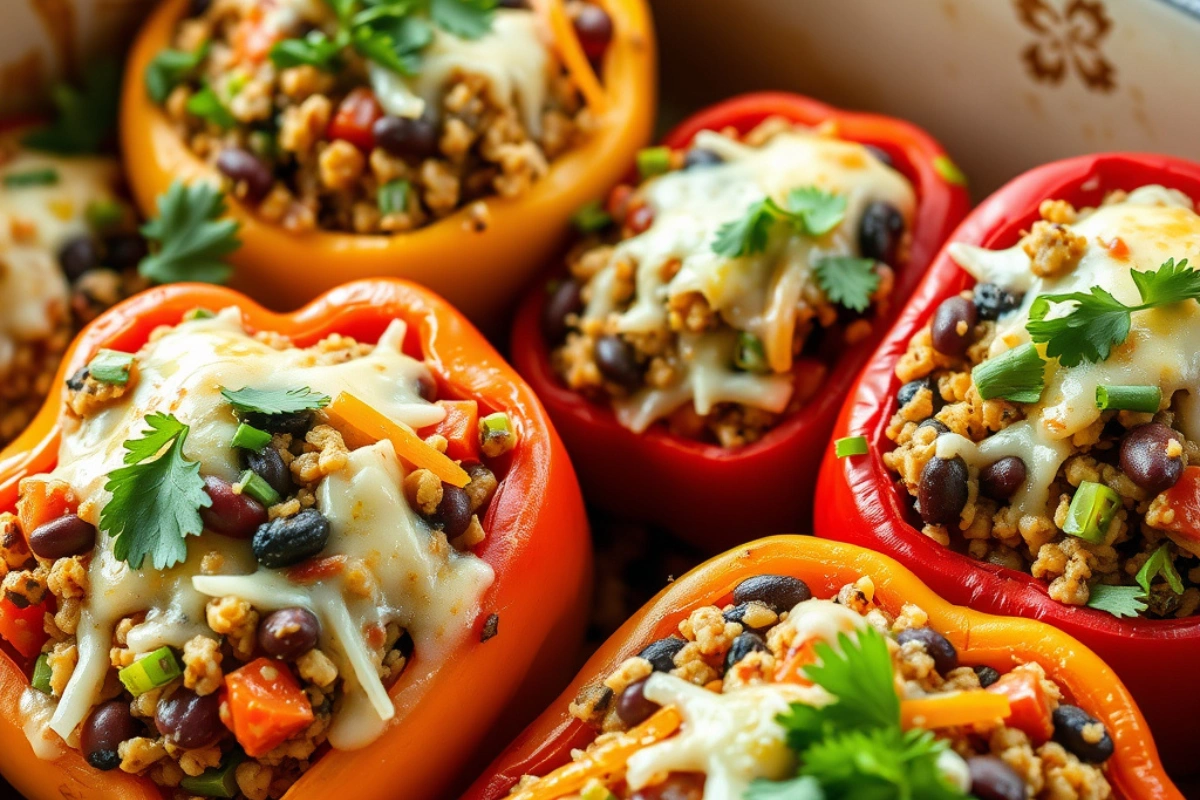 Vegan stuffed bell peppers filled with quinoa and vegetables, topped with melted vegan cheese.