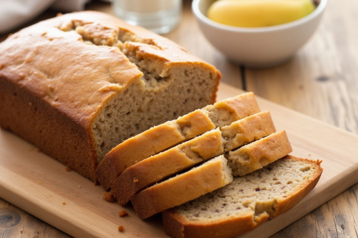Freshly sliced moist banana bread on a wooden cutting board.
