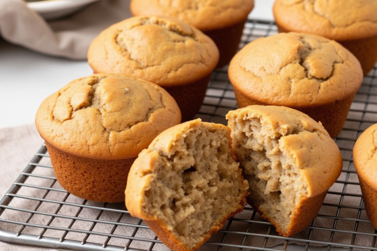 Vegan banana muffins on a cooling rack with one halved to show moist interior.