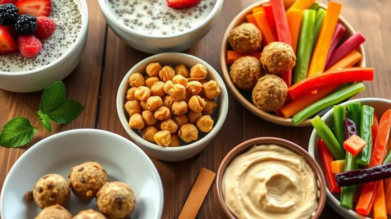 An assortment of colorful vegan snacks, including chia pudding, crispy chickpeas, energy balls, and veggie sticks with hummus, on a rustic table.