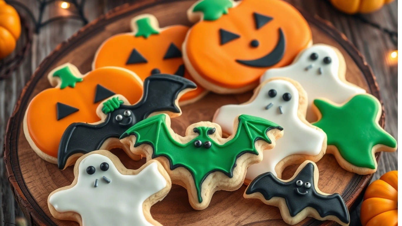 Vegan Halloween cookies decorated with spooky designs like pumpkins, bats, and ghosts on a rustic platter with festive decorations.