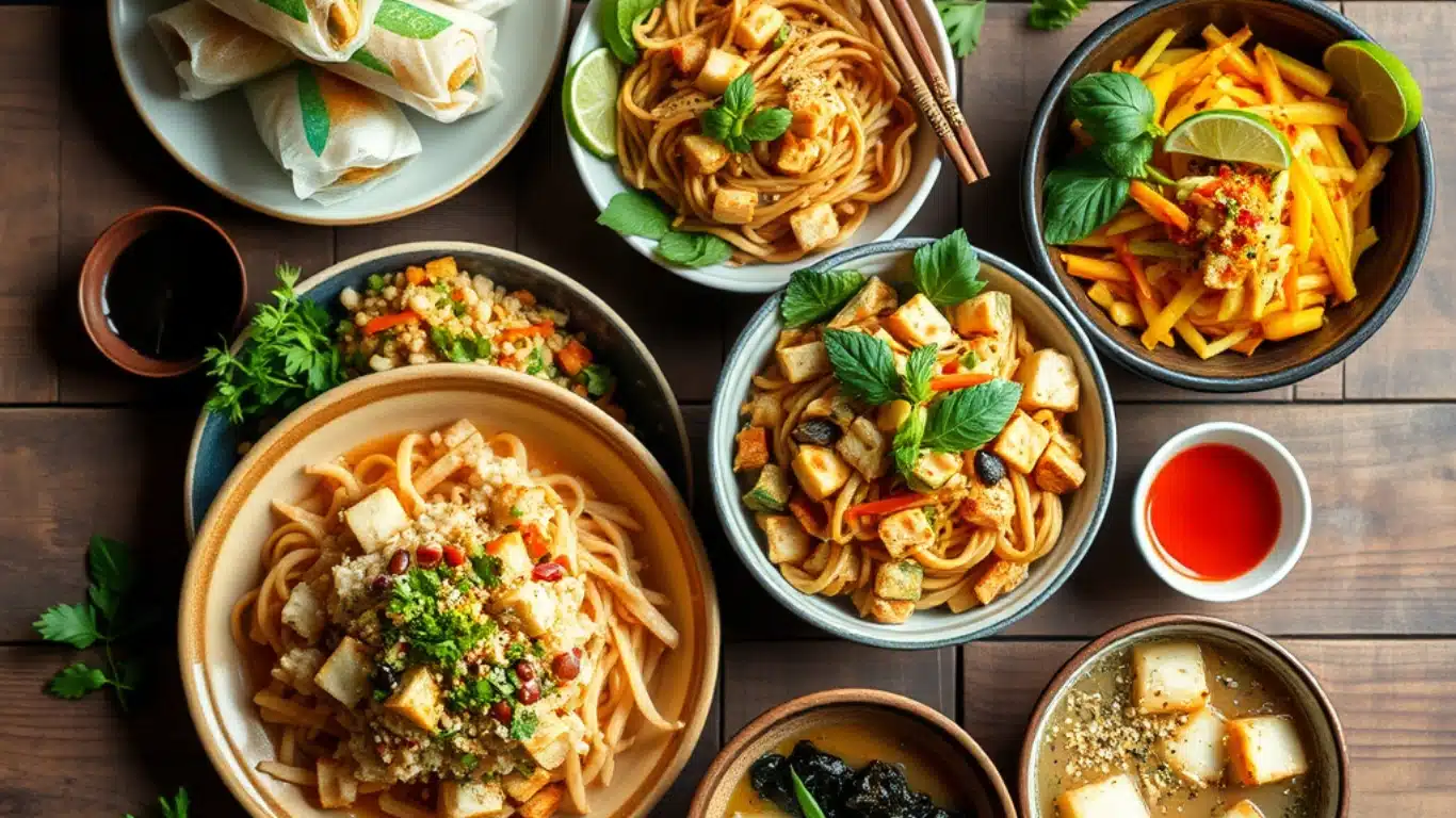 An inviting assortment of vegan Asian dishes including fresh spring rolls, vegan pad Thai, mango sticky rice, and miso soup, beautifully arranged on a rustic wooden table with fresh herbs, lime wedges, and chopsticks, illuminated by warm natural lighting.