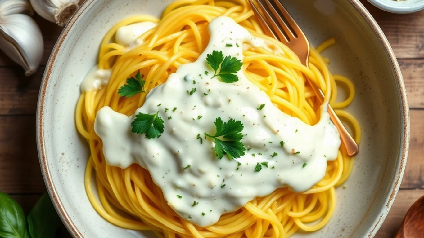 A beautifully plated vegan spaghetti squash dish topped with creamy cashew Alfredo sauce, garnished with fresh parsley, and served on a rustic wooden table. Surrounding the dish are fresh ingredients like basil leaves, garlic cloves, and a small bowl of nutritional yeast for an inviting and wholesome aesthetic.