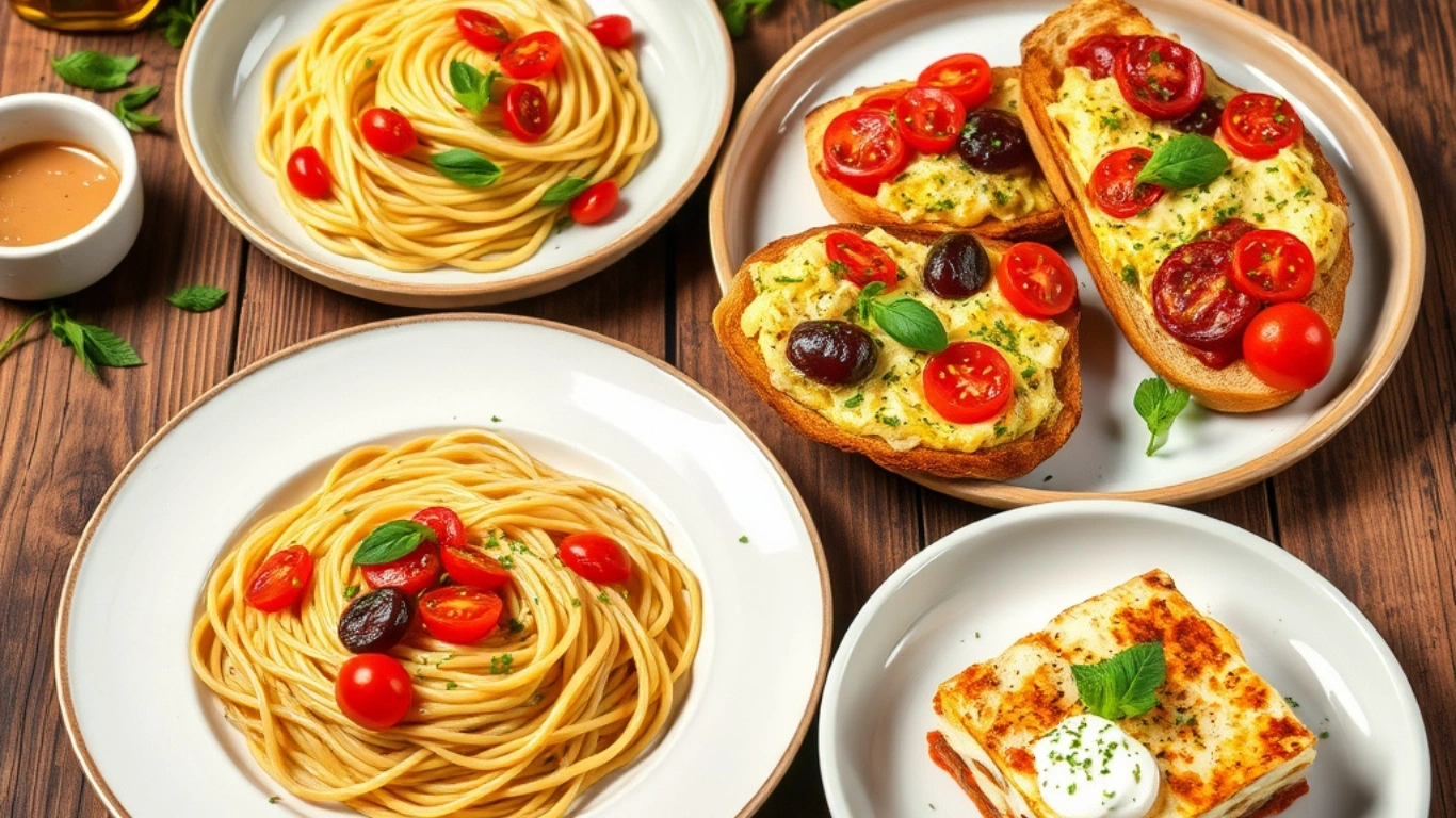 Vegan Italian recipes featuring spaghetti, bruschetta, lasagna, and tiramisu styled with fresh herbs and rustic elements.