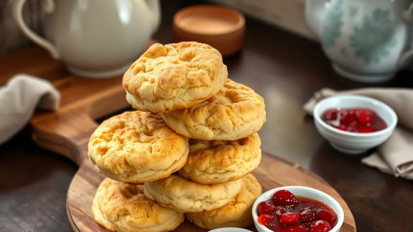 Freshly baked National Trust vegan scones served on a wooden tray with vegan cream and jam, styled in a rustic kitchen setting.