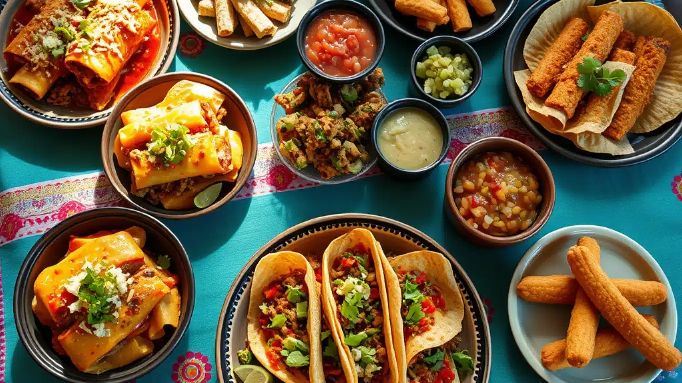 An inviting spread of vegan Mexican dishes, including enchiladas, tacos, guacamole, salsa, and churros, displayed on a colorful Mexican tablecloth.