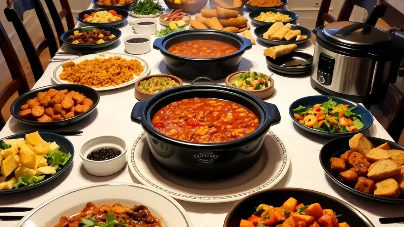 Family-style vegan feast with slow-cooked dishes like chili and ratatouille, creating a warm and inviting dining experience.