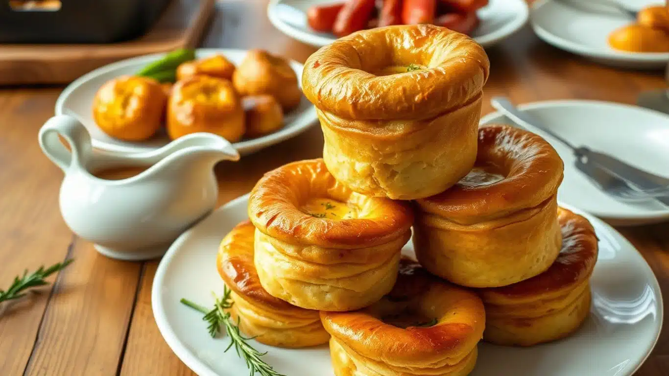 Golden and fluffy vegan Yorkshire puddings stacked on a white plate, garnished with fresh herbs, accompanied by a jug of vegan gravy and roasted vegetables on a rustic wooden table."