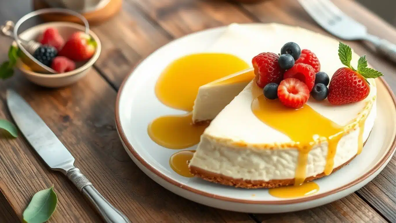 Creamy ricotta cheesecake with fresh berries and honey on a wooden table.