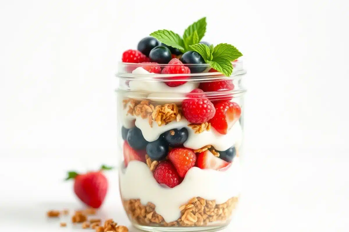 Yogurt parfait layered with berries and granola in a glass jar