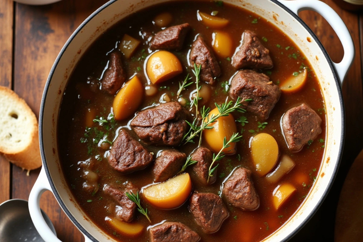 French Onion Soup Pot Roast in a Dutch oven with caramelized onions.