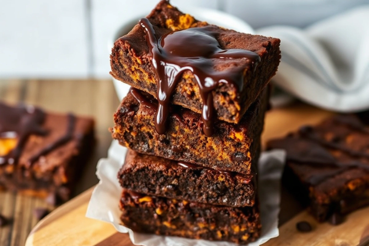 Vegan sweet potato brownies stacked with melted chocolate drizzle.
