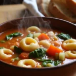 A bowl of vegetarian tortellini soup with fresh vegetables and broth