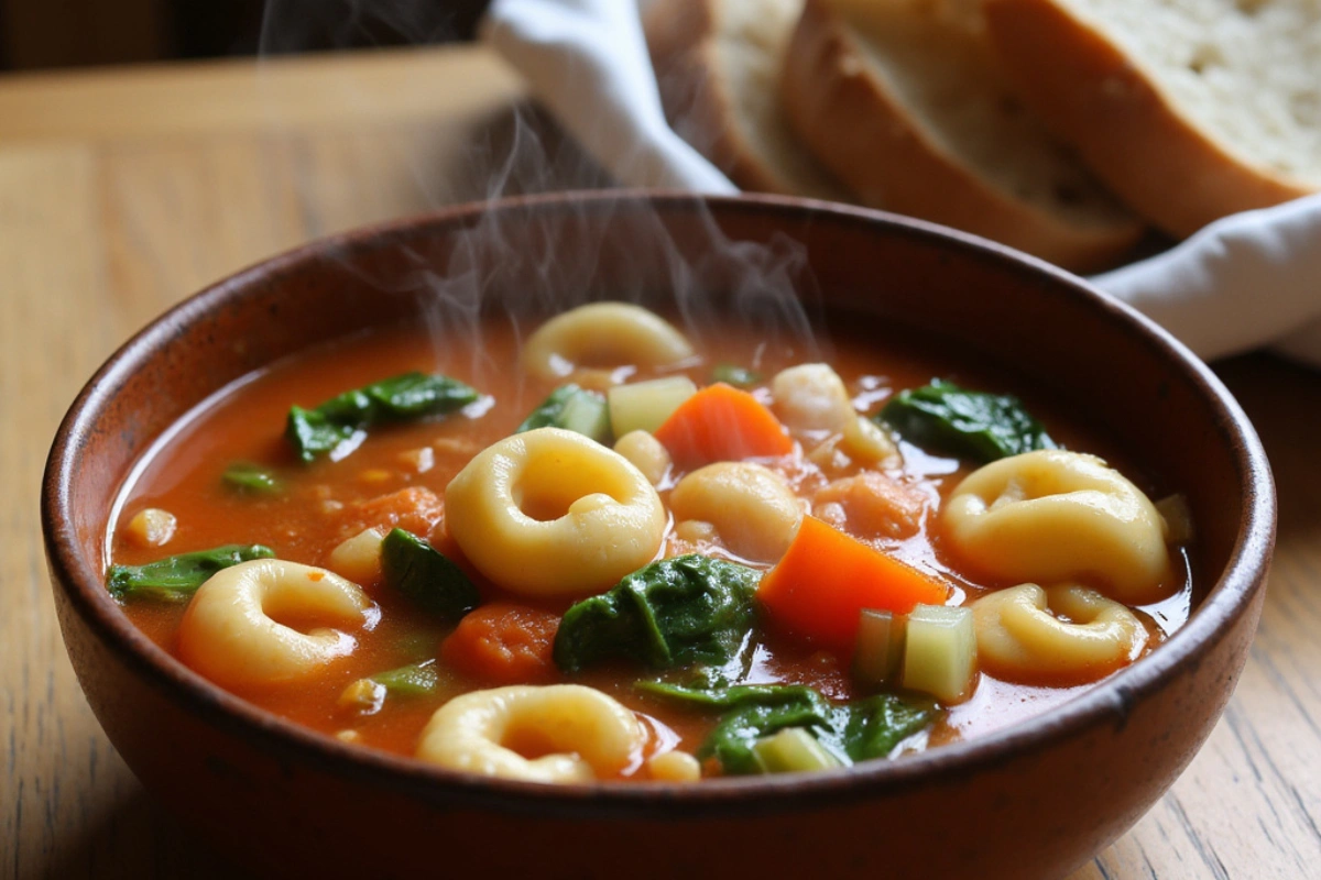 A bowl of vegetarian tortellini soup with fresh vegetables and broth