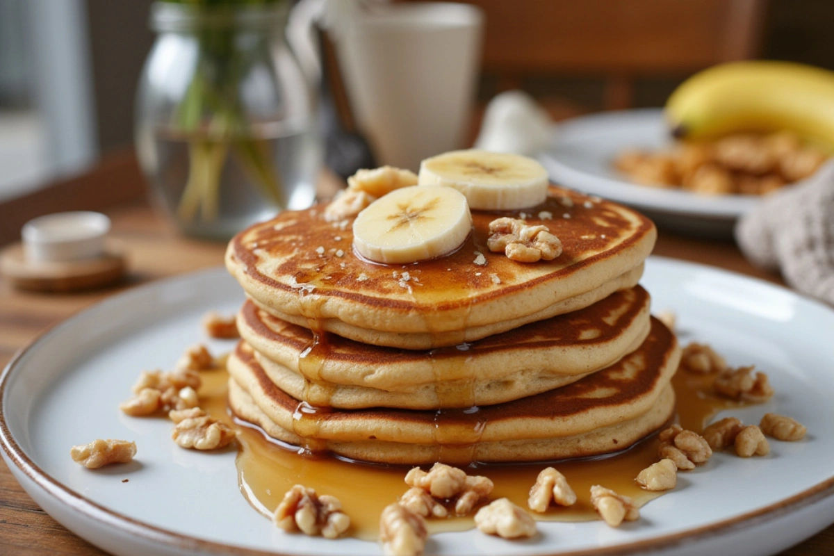 Fluffy vegan banana pancakes with maple syrup and bananas.