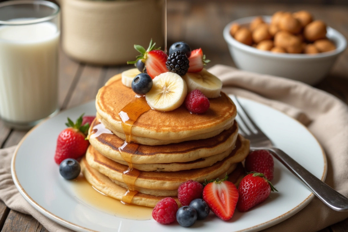 Fluffy vegan pancakes topped with fresh fruits and maple syrup.