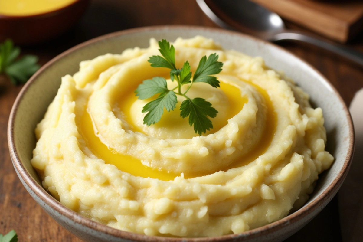 Creamy vegan mashed potatoes garnished with parsley.