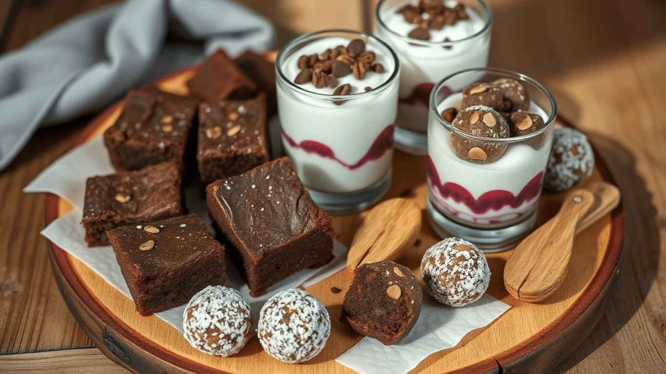 Protein dessert platter with brownies, yogurt parfaits, and energy balls.
