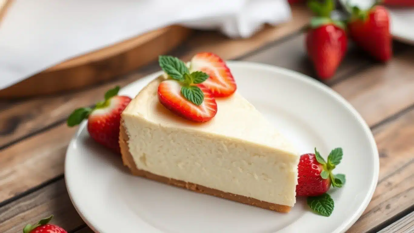 Slice of creamy ricotta cheesecake garnished with strawberries and mint on a rustic wooden table.