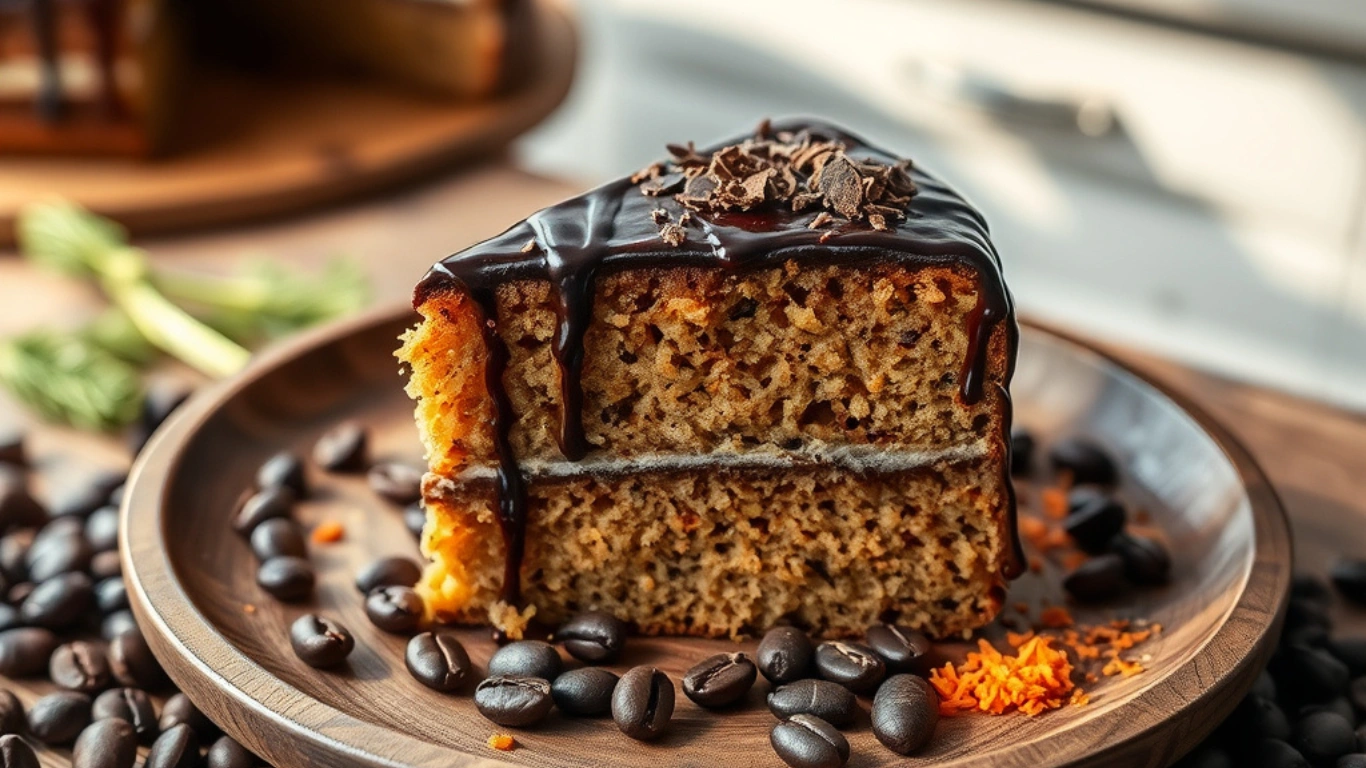 Carrot Cake Coffee Cake with Chocolate Slice on Rustic Plate