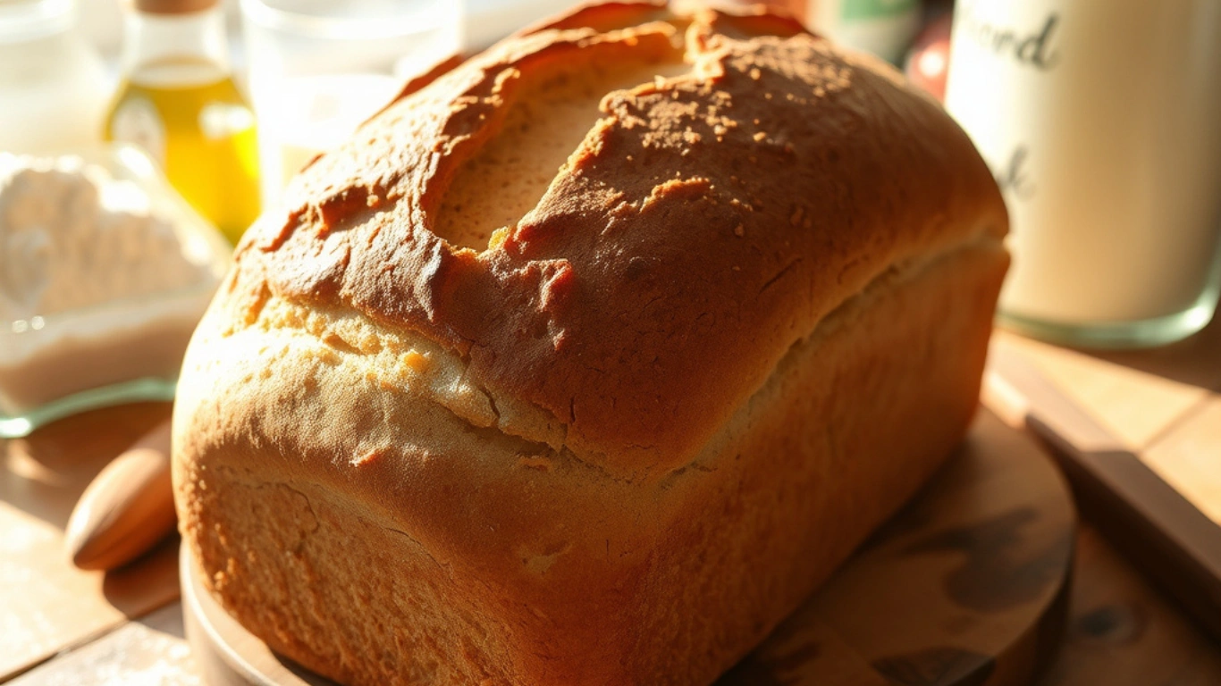 Freshly baked vegan bread on a wooden table with ingredients