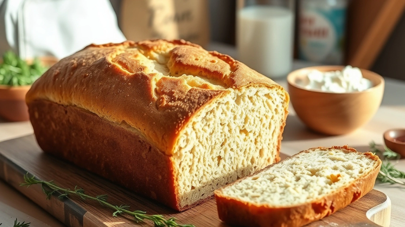 "Golden-brown vegan bread loaf on a cutting board with baking ingredients.