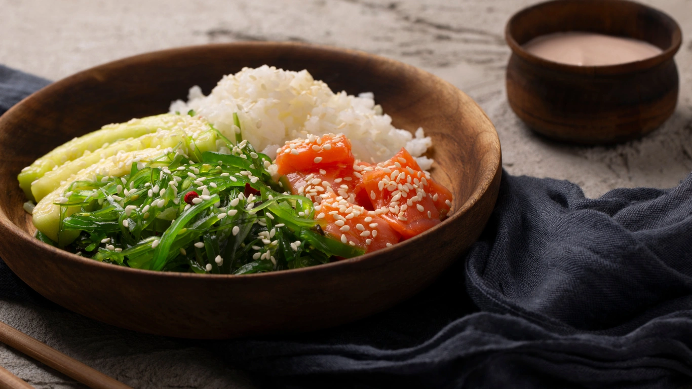 Vegan Japanese recipes featuring a poke bowl with rice, seaweed salad, cucumber, and plant-based salmon topped with sesame seeds.