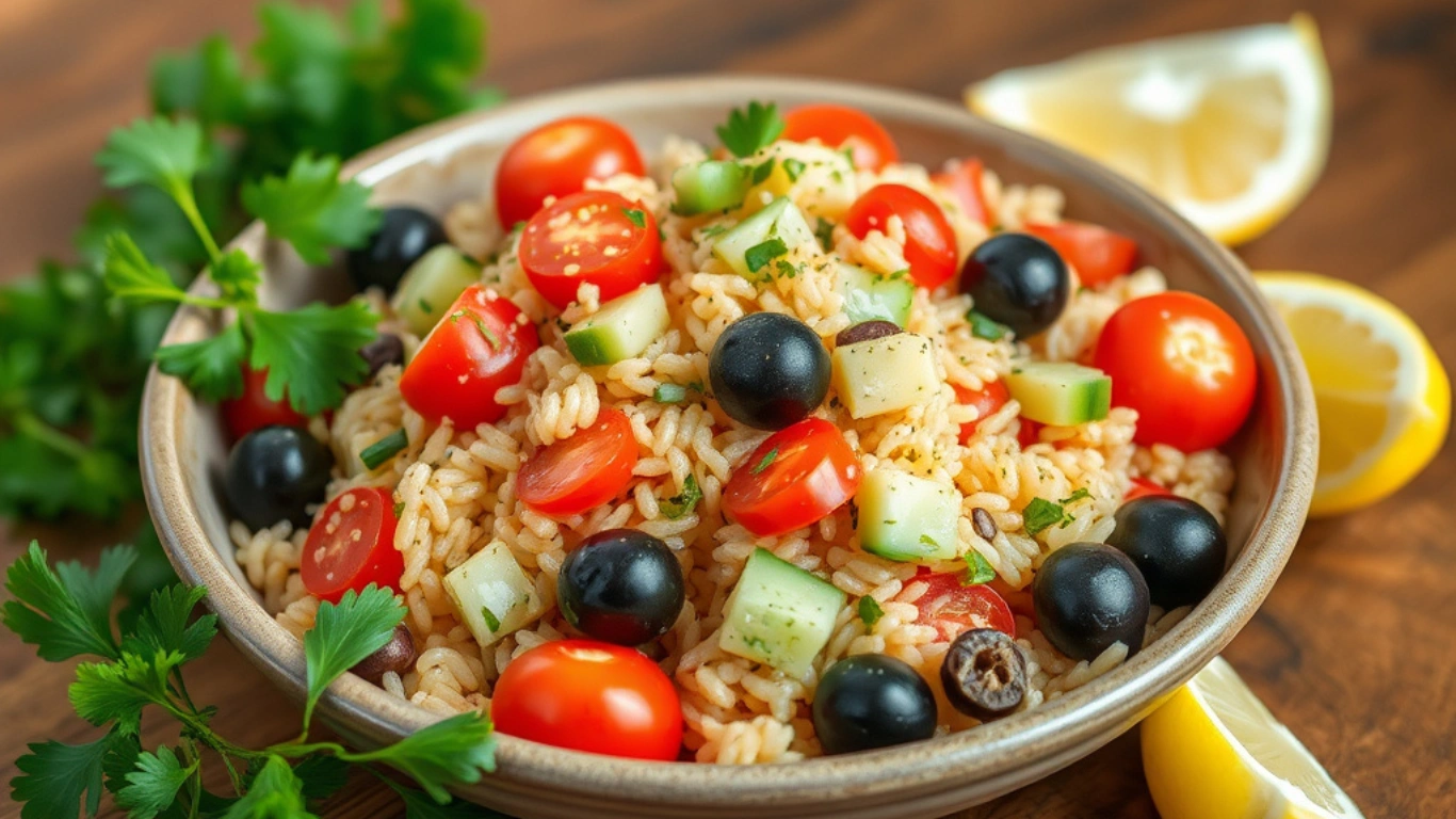 Vegan Mediterranean orzo salad with fresh vegetables, olive oil, and parsley.